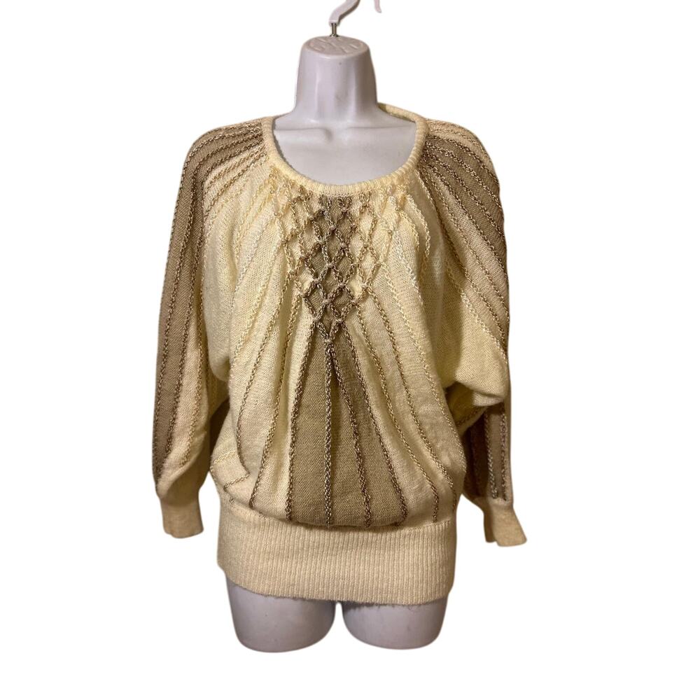 Vtg 80's Holiday Sweater Top Cream/Taupe Faux Pearls below hip Women’s S Angenie